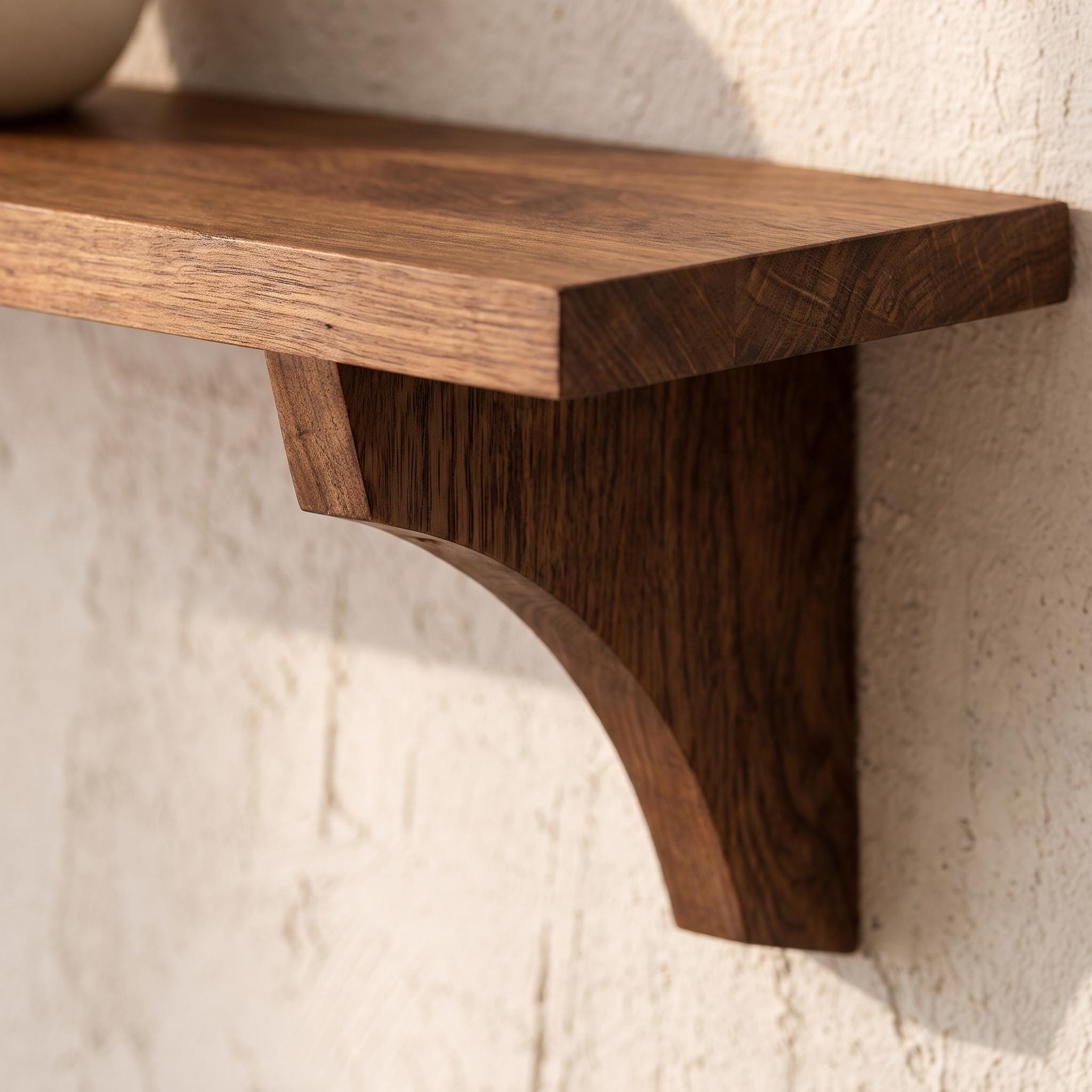 Handmade Walnut Wall Shelf, Curved Wooden Brackets, Rustic Farmhouse Decor