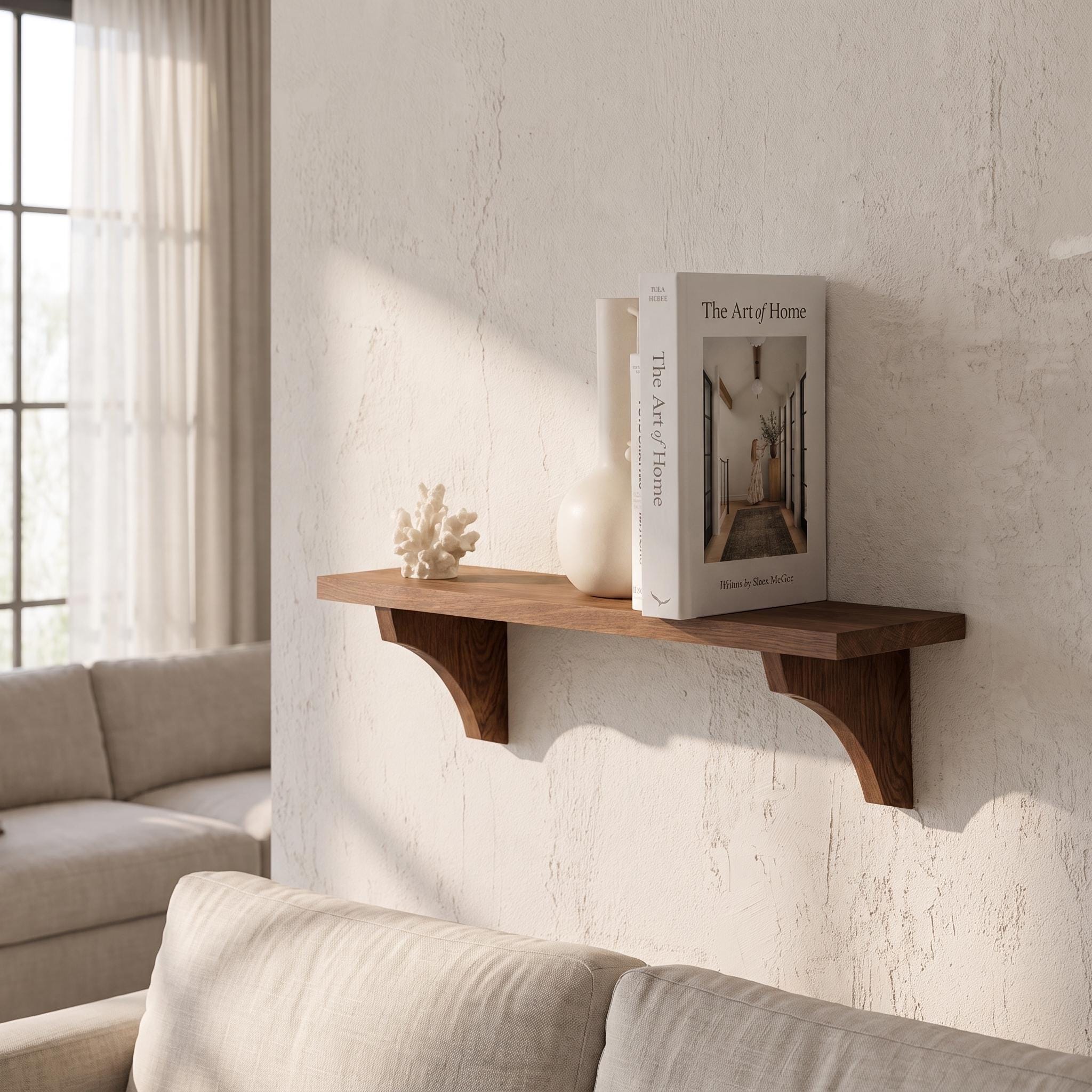 Handmade Walnut Wall Shelf, Curved Wooden Brackets, Rustic Farmhouse Decor
