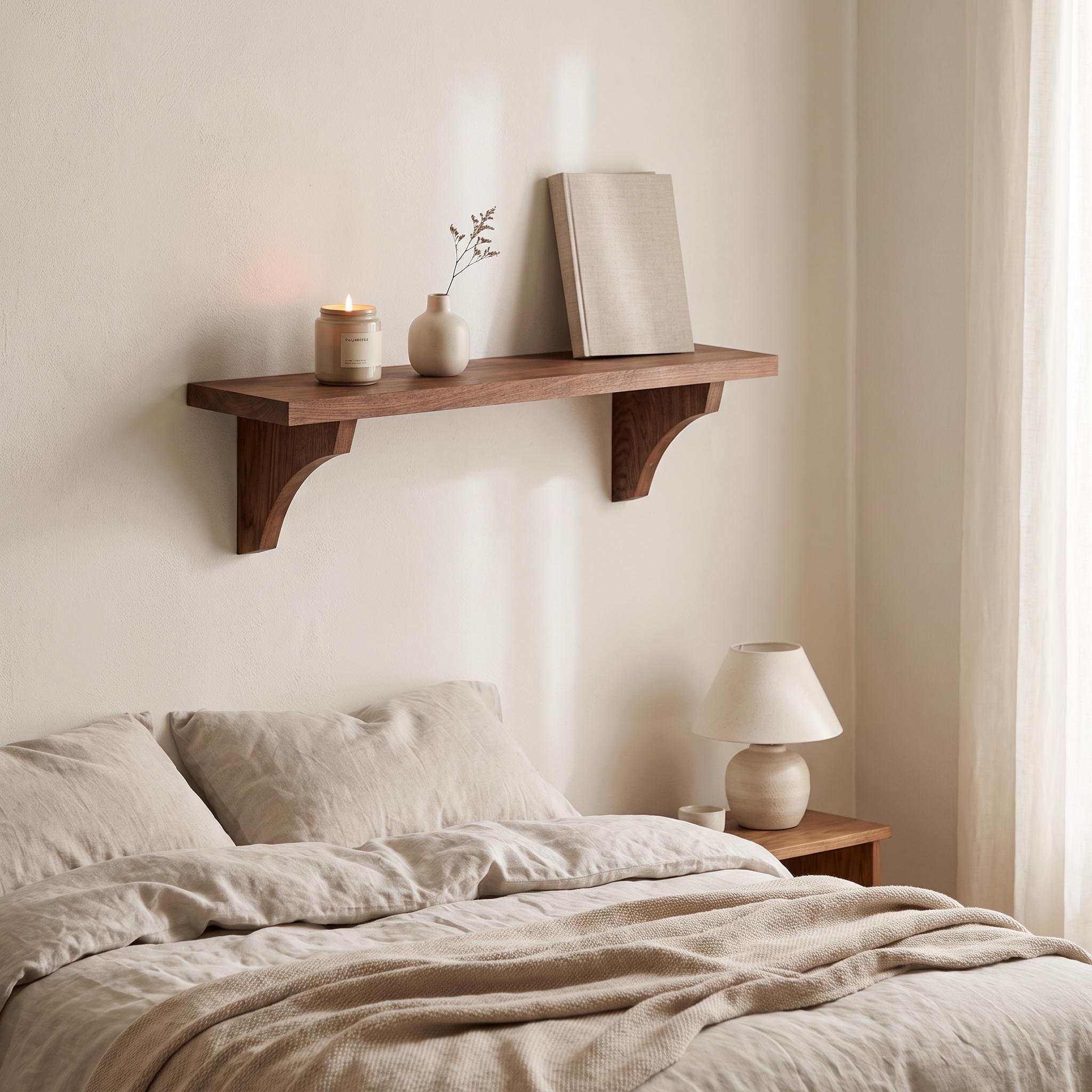Handmade Walnut Wall Shelf, Curved Wooden Brackets, Rustic Farmhouse Decor 4