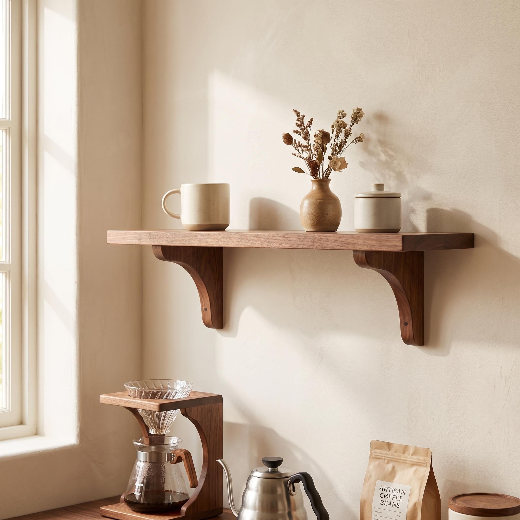 Handmade Walnut Wall Shelf, Curved Wooden Brackets, Rustic Farmhouse Decor 6