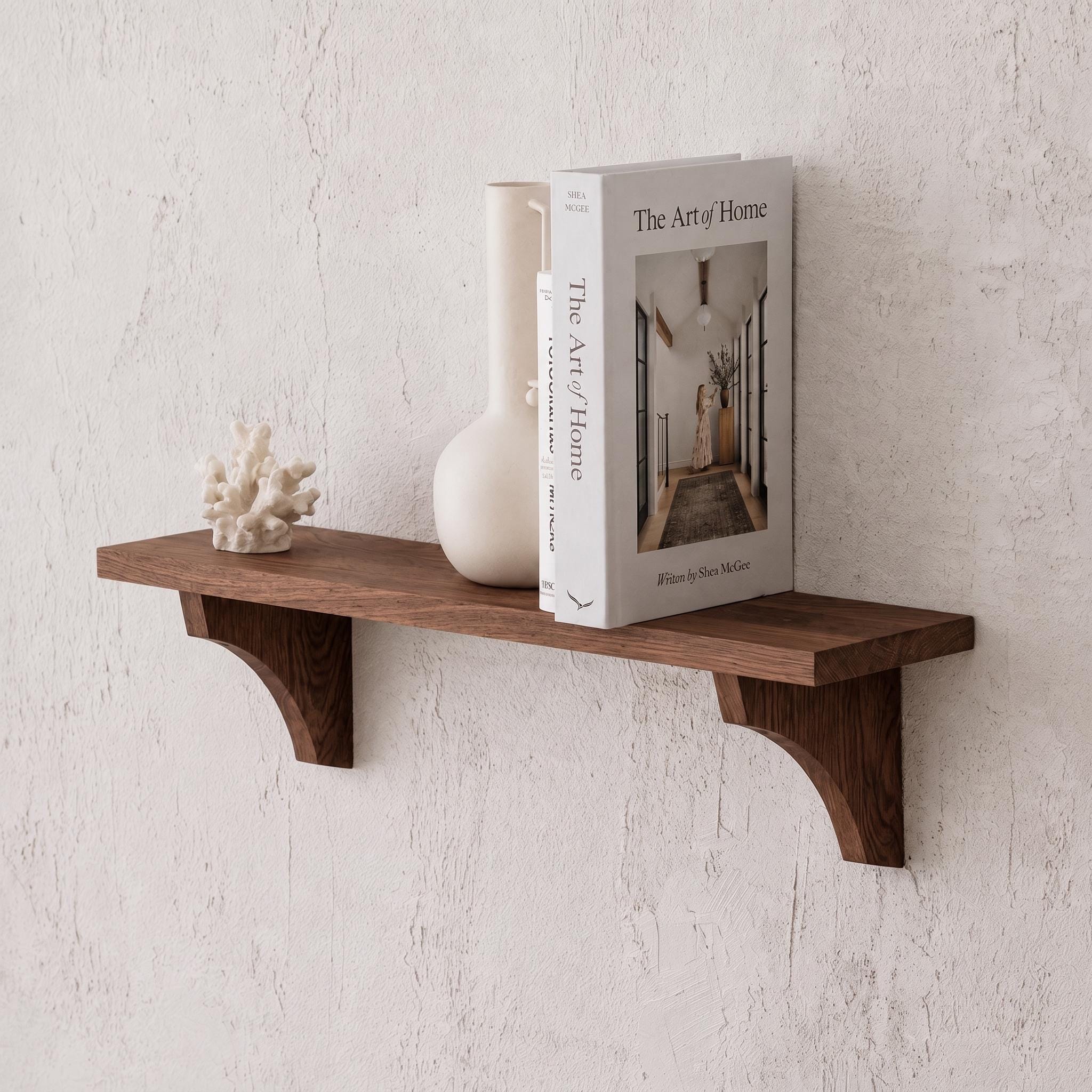Handmade Walnut Wall Shelf, Curved Wooden Brackets, Rustic Farmhouse Decor 7
