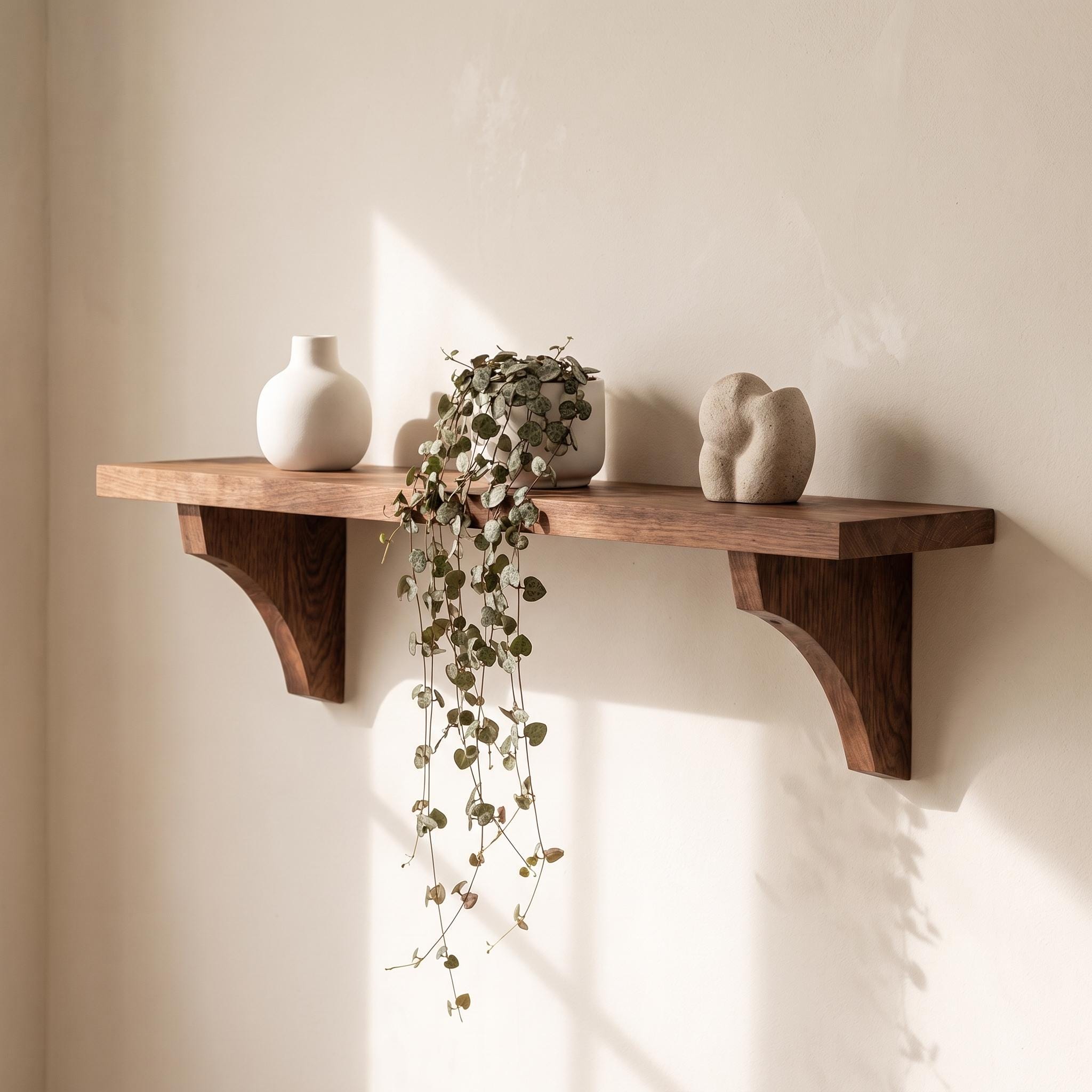 Handmade Walnut Wall Shelf, Curved Wooden Brackets, Rustic Farmhouse Decor 9