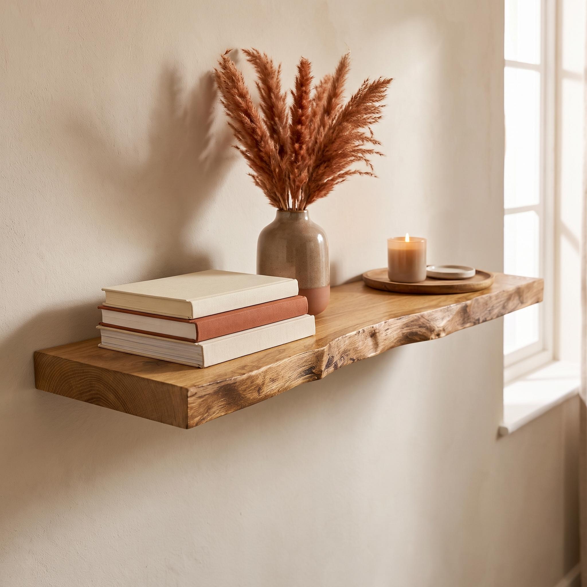 Solid Oak Live Edge Floating Shelf, Rustic Natural Wood Wall Decor