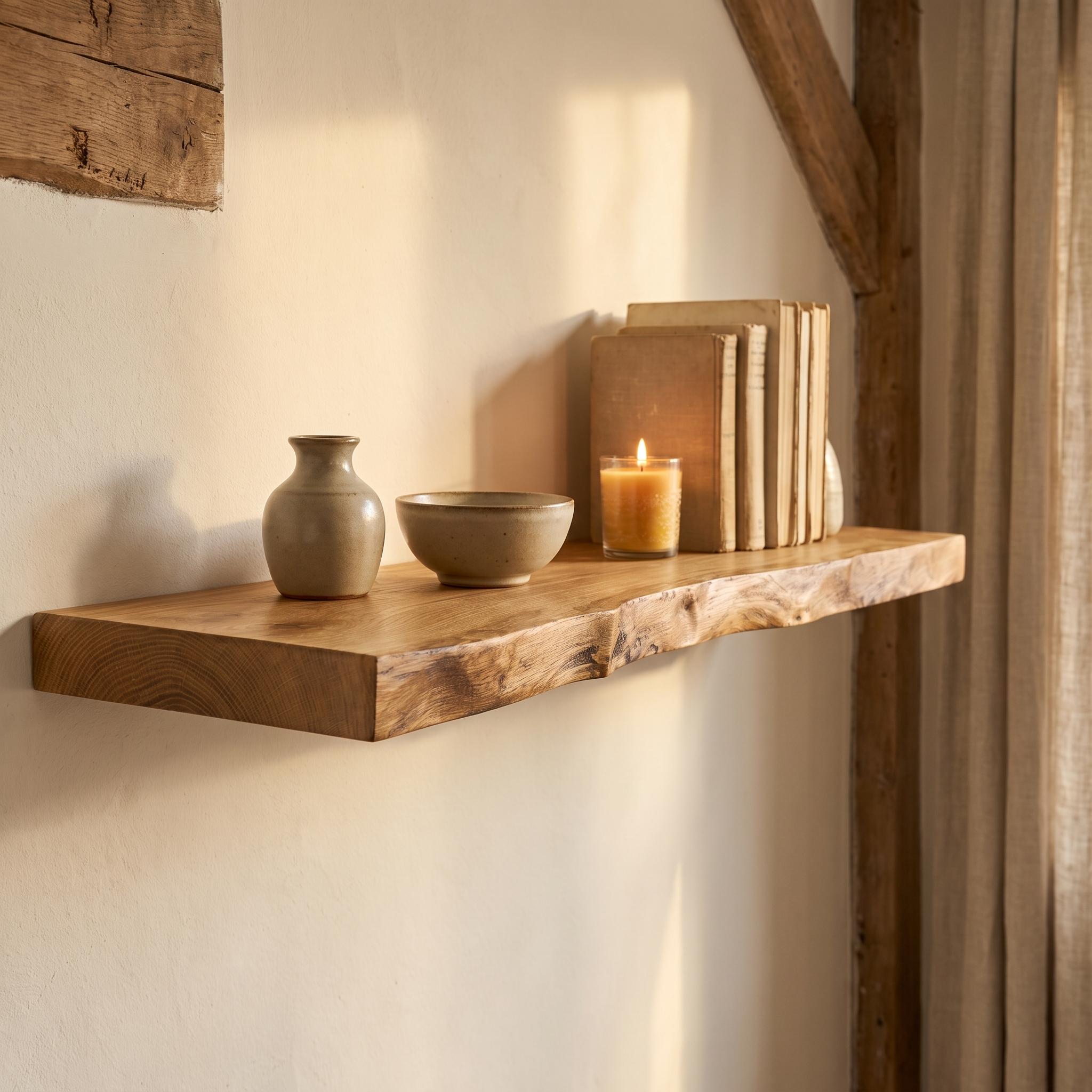 Solid Oak Live Edge Floating Shelf, Rustic Natural Wood Wall Decor 10