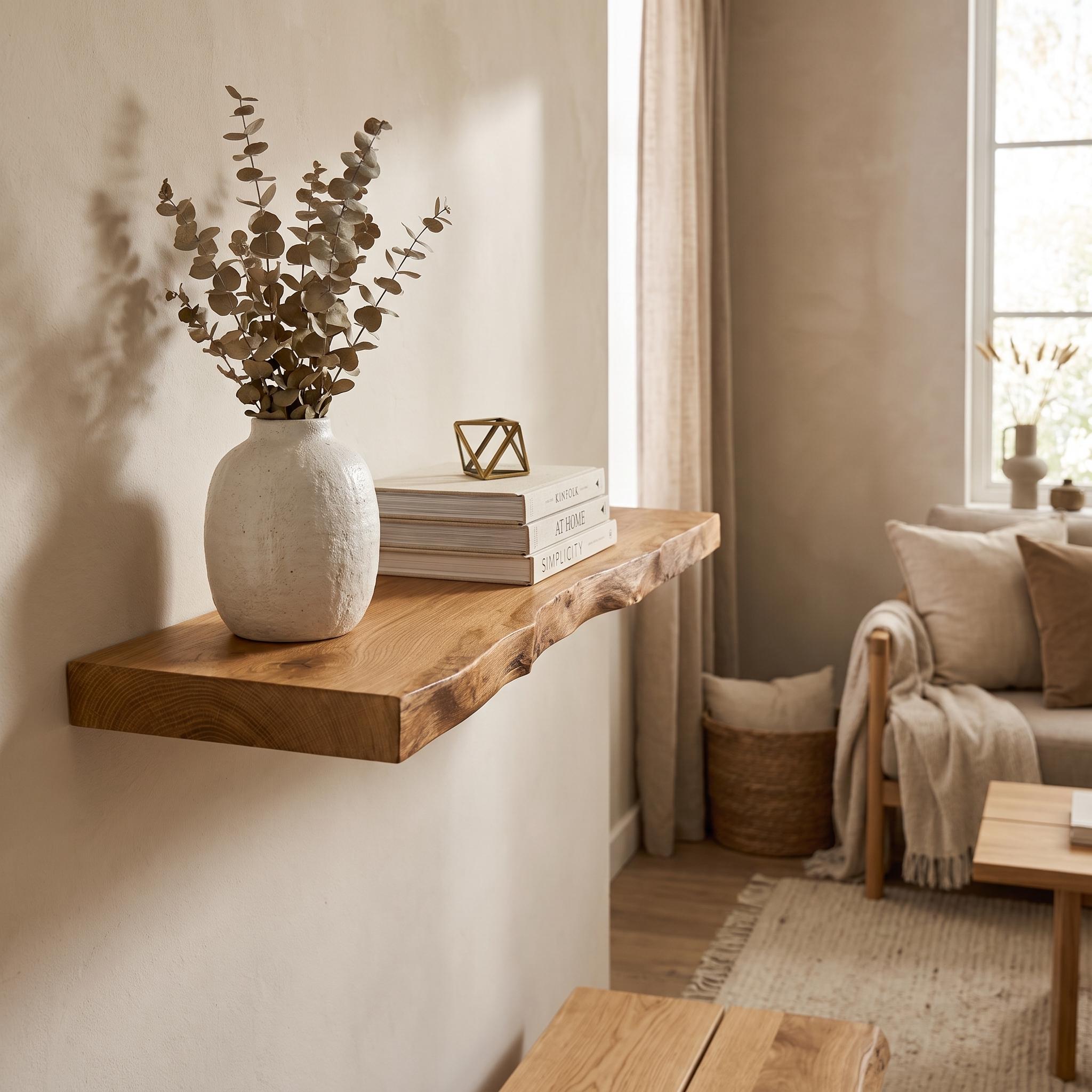 Solid Oak Live Edge Floating Shelf, Rustic Natural Wood Wall Decor