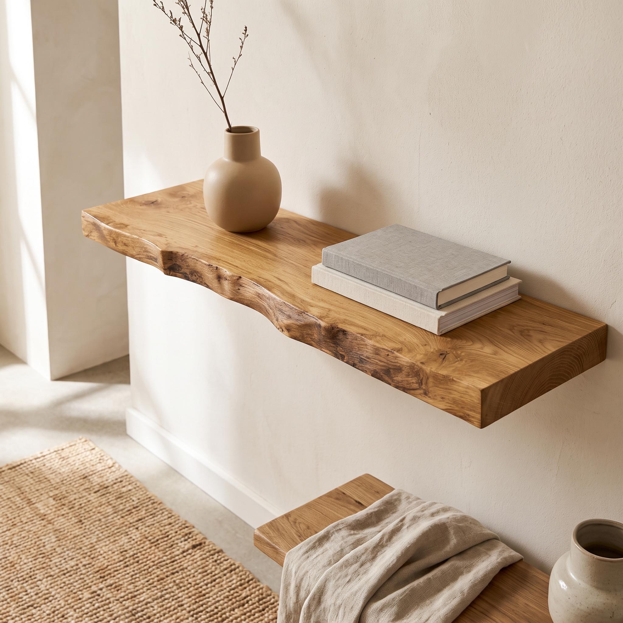 Solid Oak Live Edge Floating Shelf, Rustic Natural Wood Wall Decor