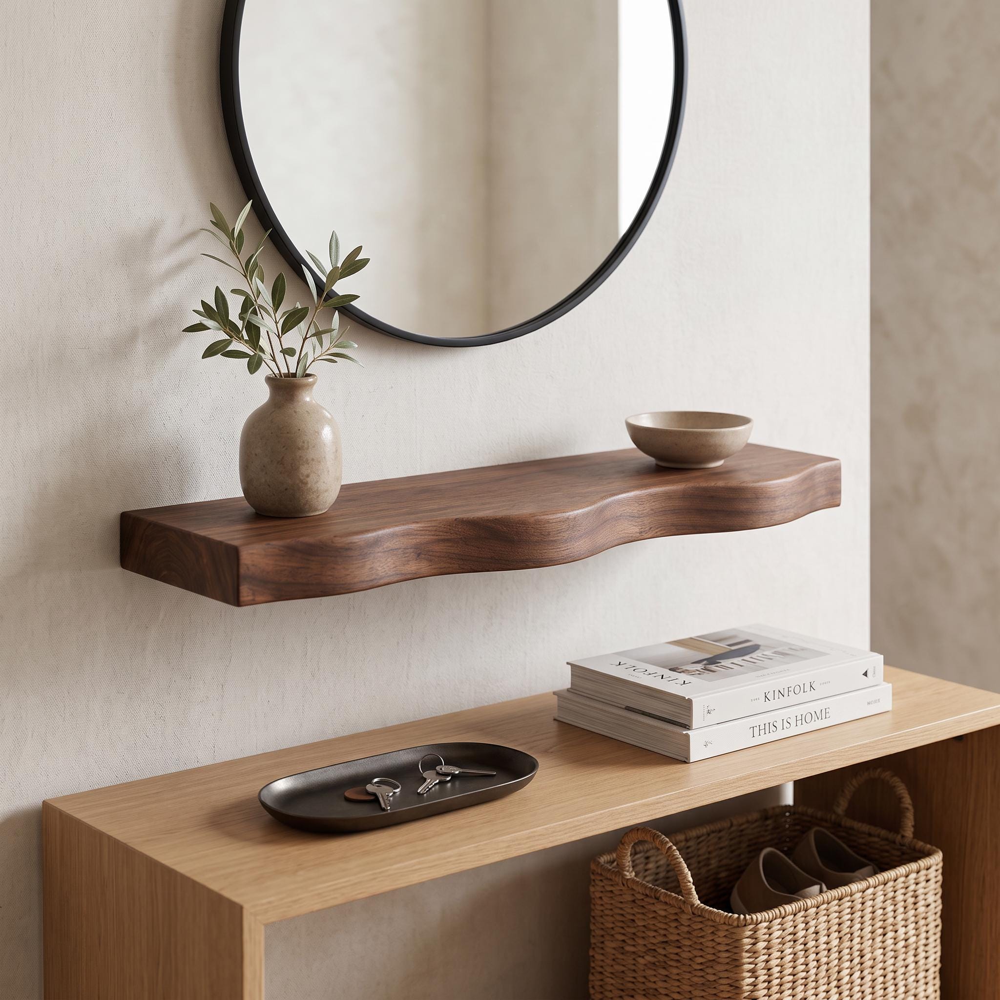 Wavy Walnut Floating Shelf, Handmade Solid Wood Wall Display