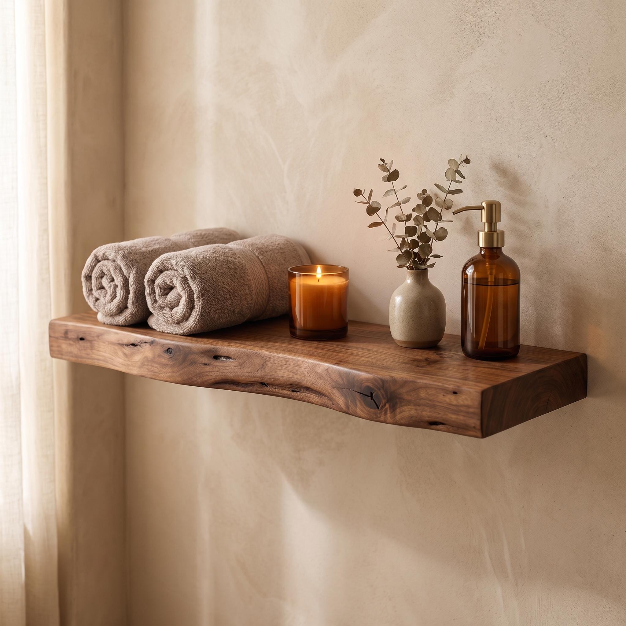Wavy Walnut Floating Shelf, Handmade Solid Wood Wall Display 3