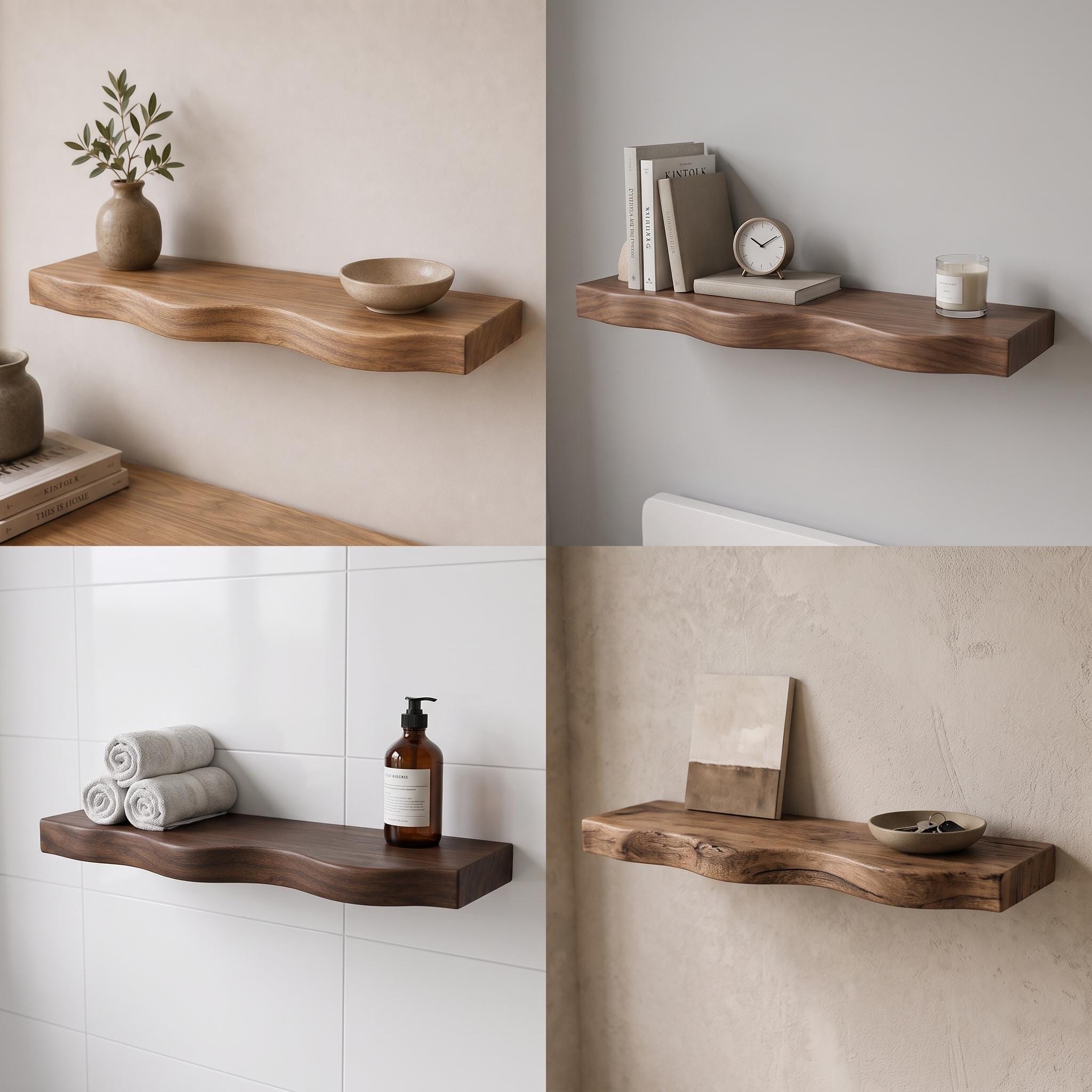 Wavy Walnut Floating Shelf, Handmade Solid Wood Wall Display 4