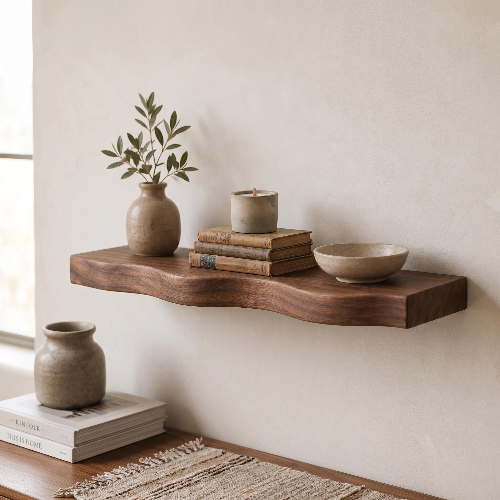 Wavy Walnut Floating Shelf, Handmade Solid Wood Wall Display 5