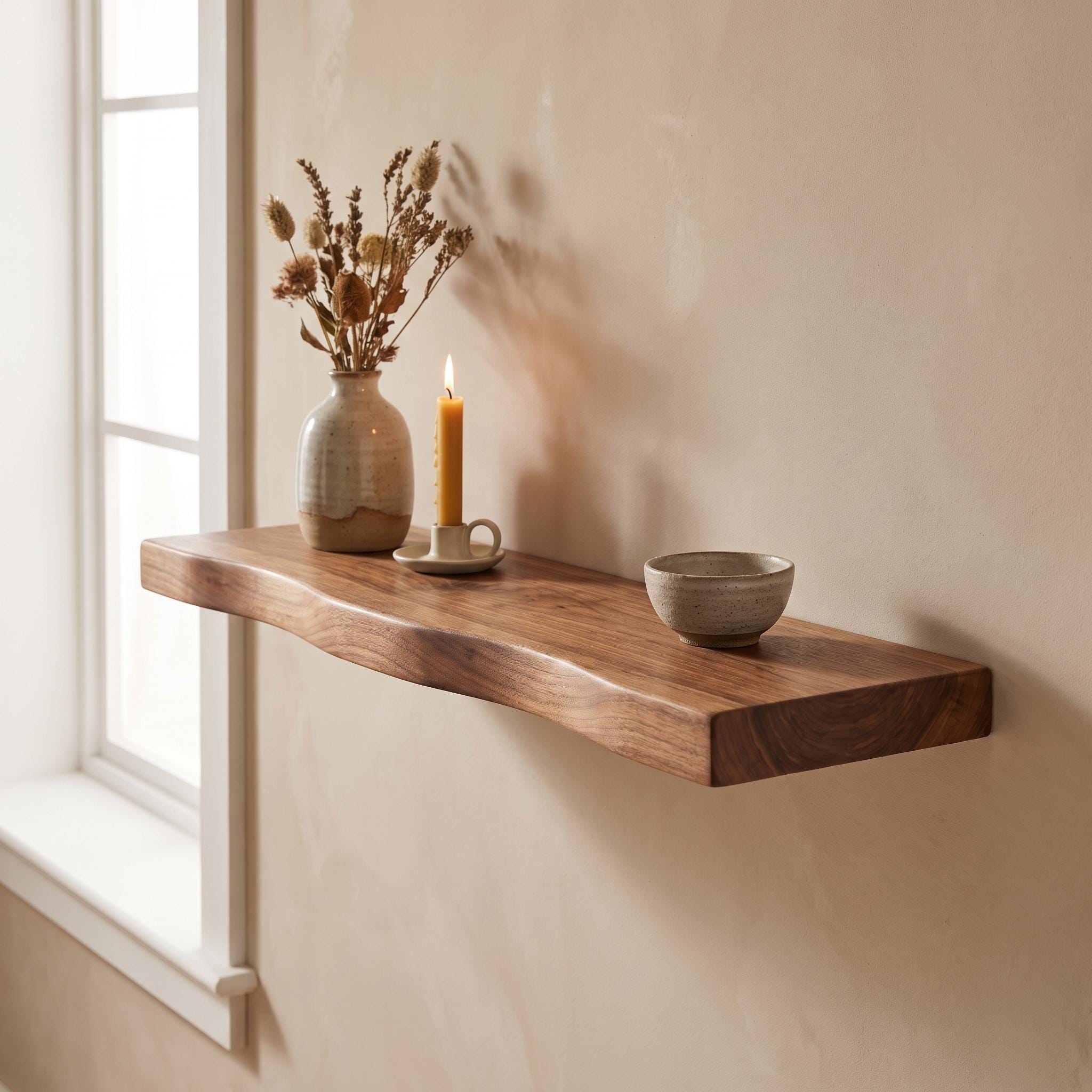 Wavy Walnut Floating Shelf, Handmade Solid Wood Wall Display 6