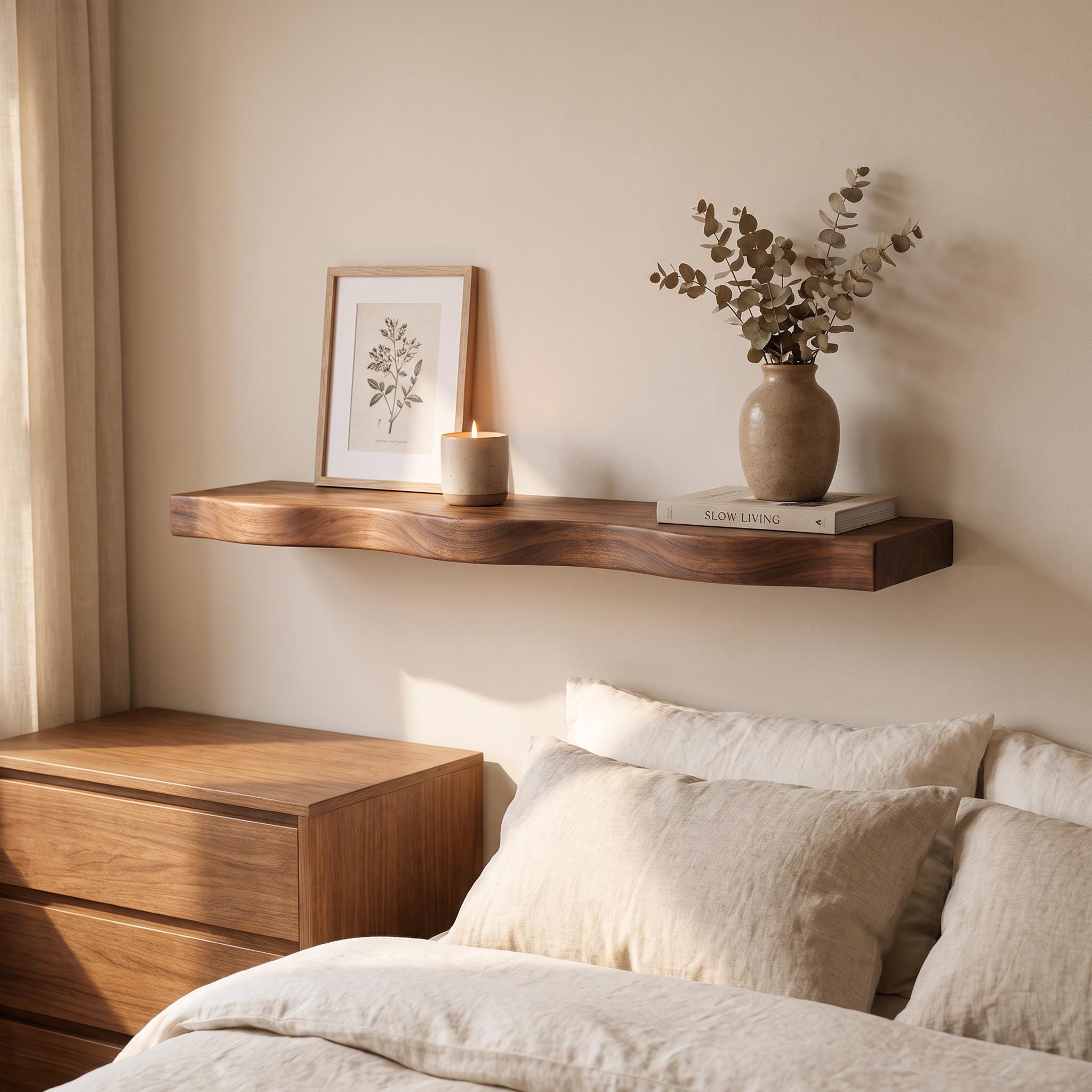 Wavy Walnut Floating Shelf, Handmade Solid Wood Wall Display 9