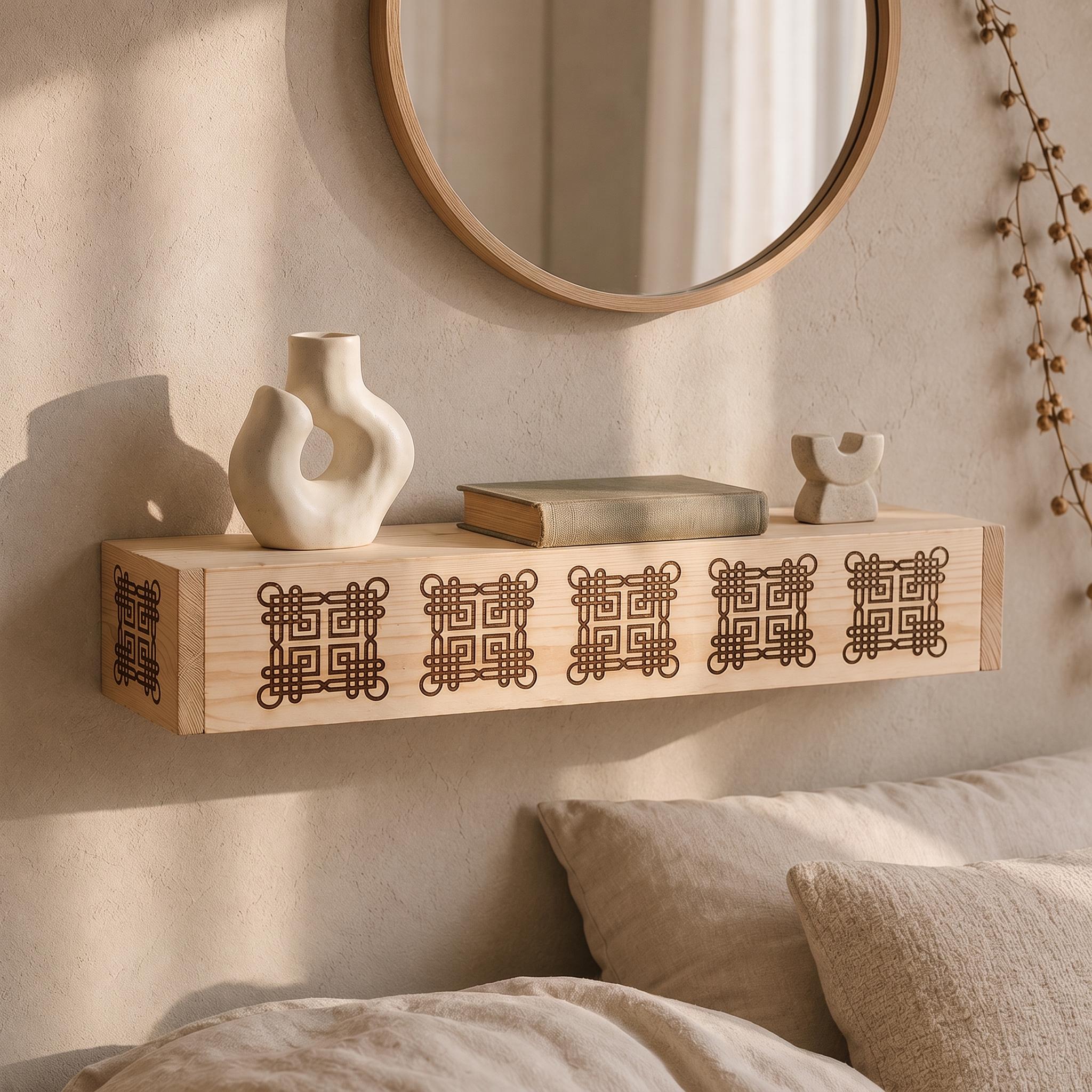 Laser Engraved Spruce Box Shelf, 8 cm Thick Floating Wall Decor, Rustic Handmade Ledge