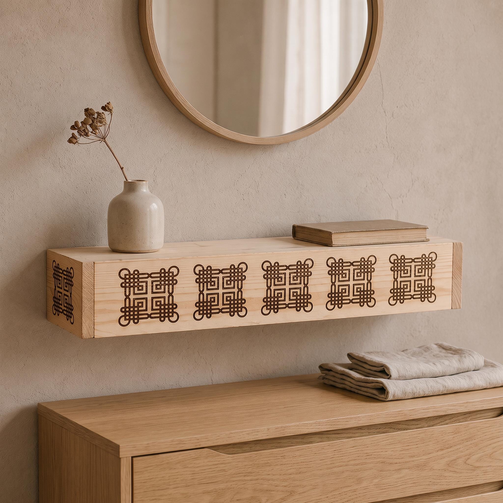 Laser Engraved Spruce Box Shelf, 8 cm Thick Floating Wall Decor, Rustic Handmade Ledge 10