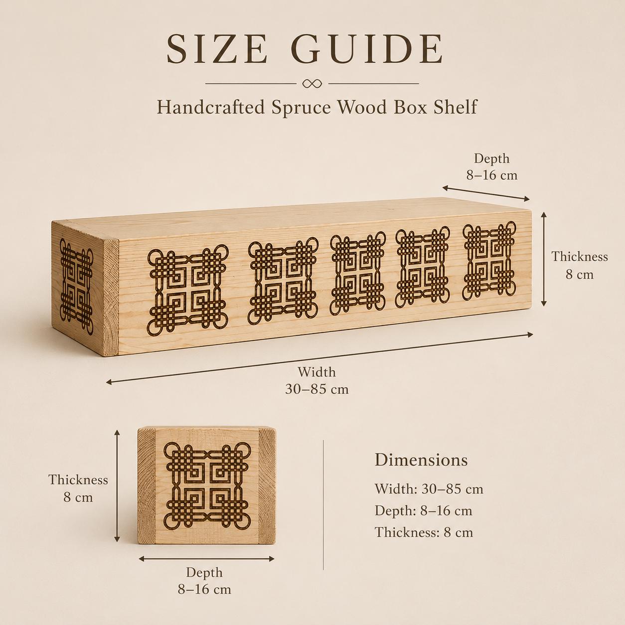 Laser Engraved Spruce Box Shelf, 8 cm Thick Floating Wall Decor, Rustic Handmade Ledge 2
