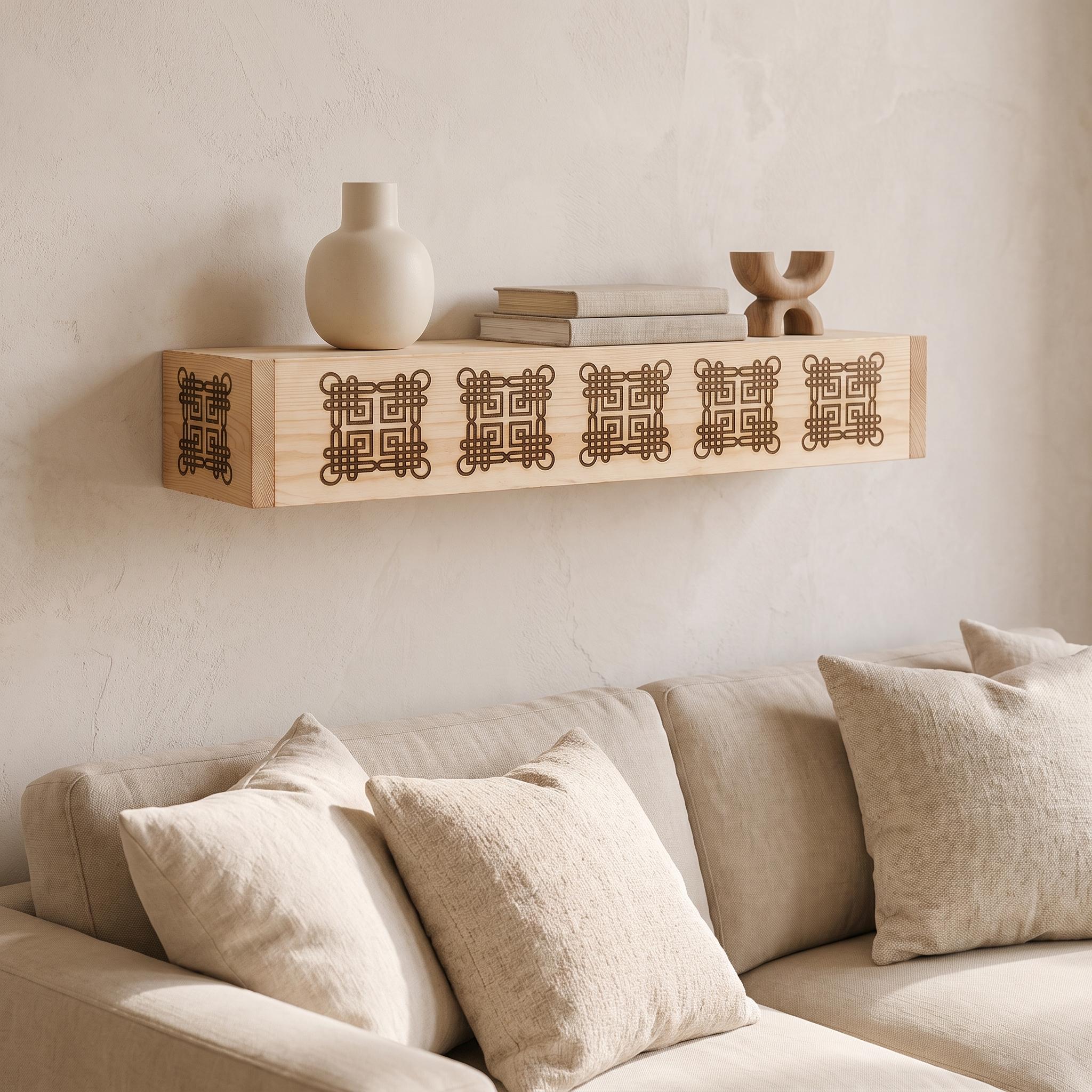 Laser Engraved Spruce Box Shelf, 8 cm Thick Floating Wall Decor, Rustic Handmade Ledge 4