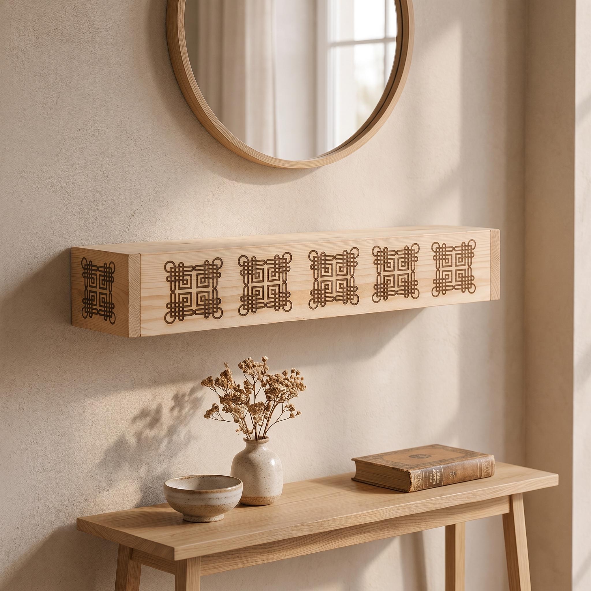 Laser Engraved Spruce Box Shelf, 8 cm Thick Floating Wall Decor, Rustic Handmade Ledge 5