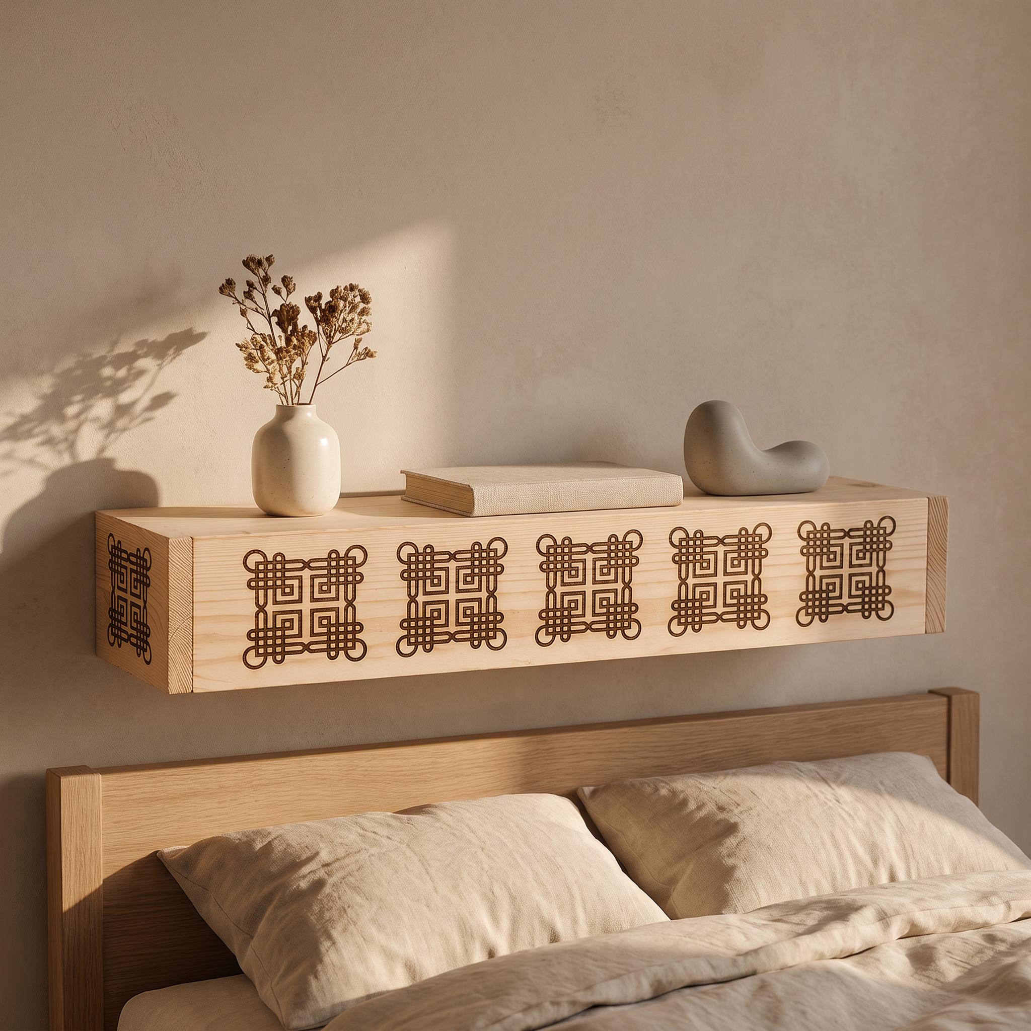 Laser Engraved Spruce Box Shelf, 8 cm Thick Floating Wall Decor, Rustic Handmade Ledge 6