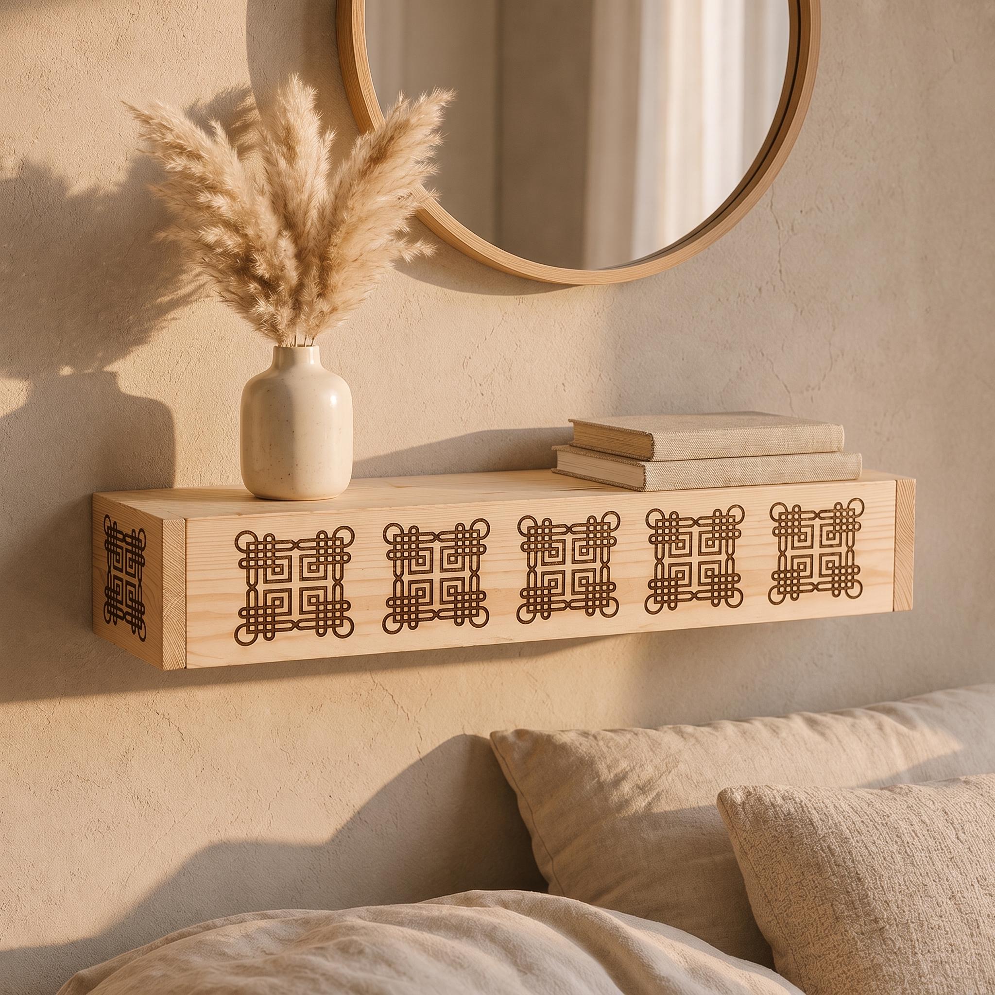 Laser Engraved Spruce Box Shelf, 8 cm Thick Floating Wall Decor, Rustic Handmade Ledge 7