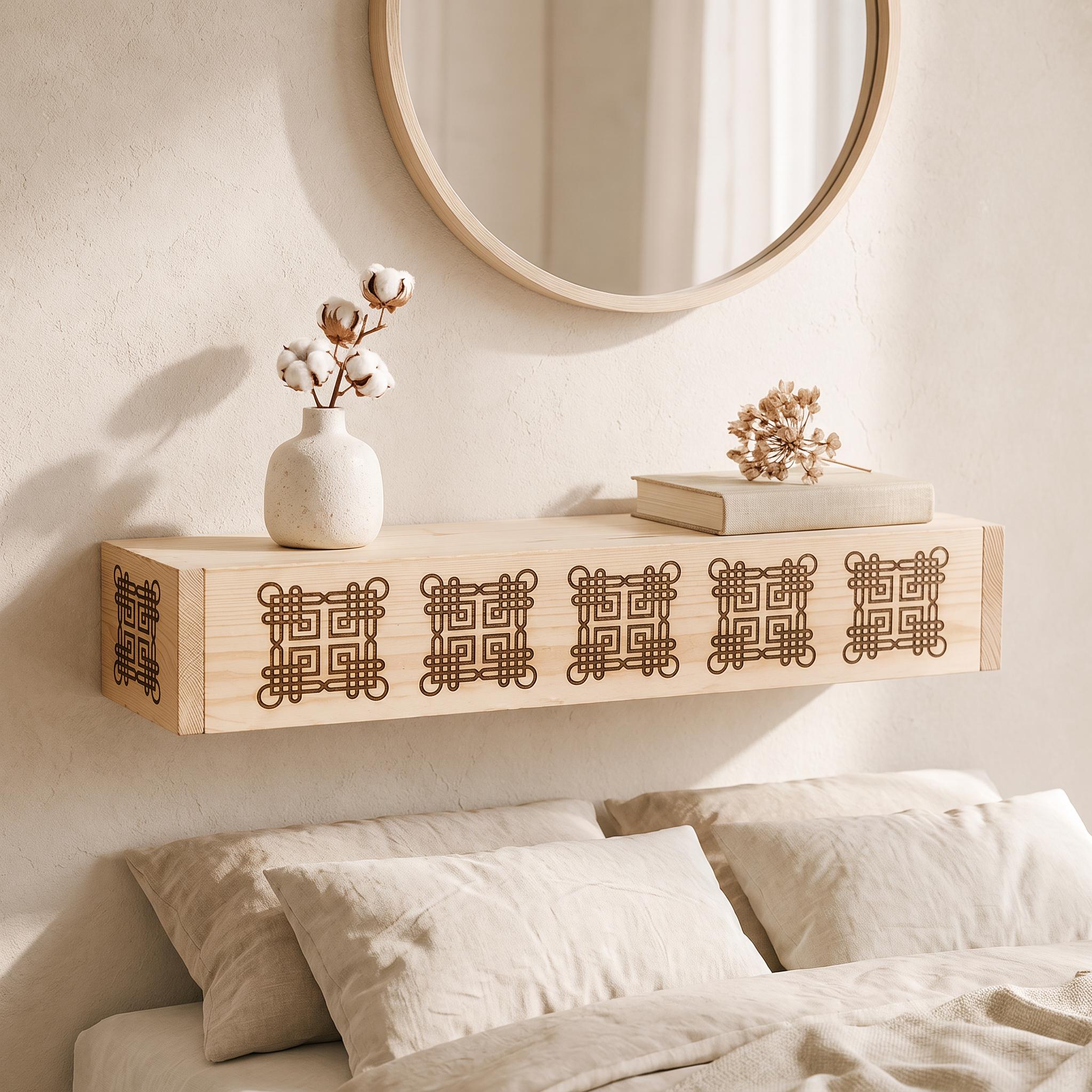 Laser Engraved Spruce Box Shelf, 8 cm Thick Floating Wall Decor, Rustic Handmade Ledge 8