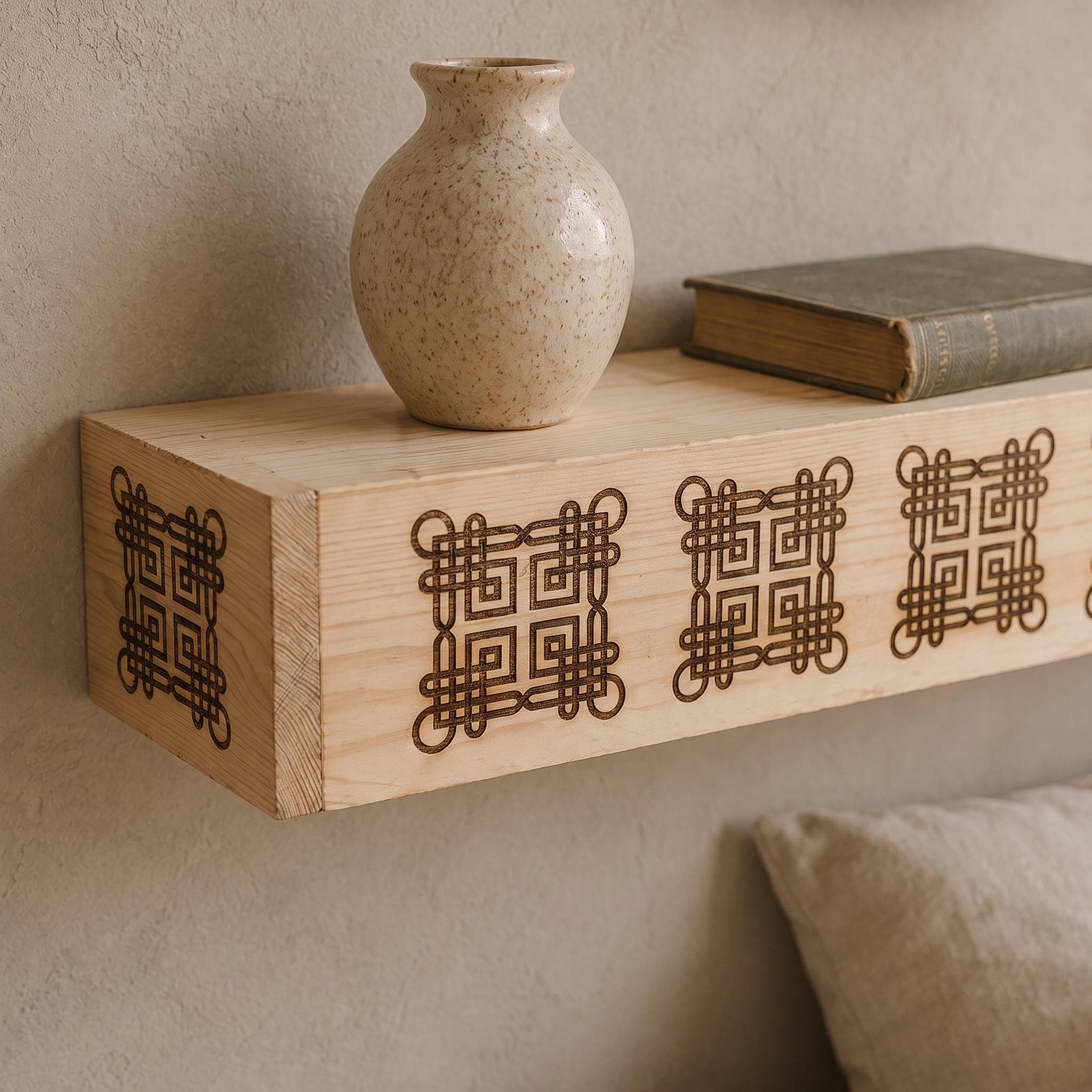 Laser Engraved Spruce Box Shelf, 8 cm Thick Floating Wall Decor, Rustic Handmade Ledge 9