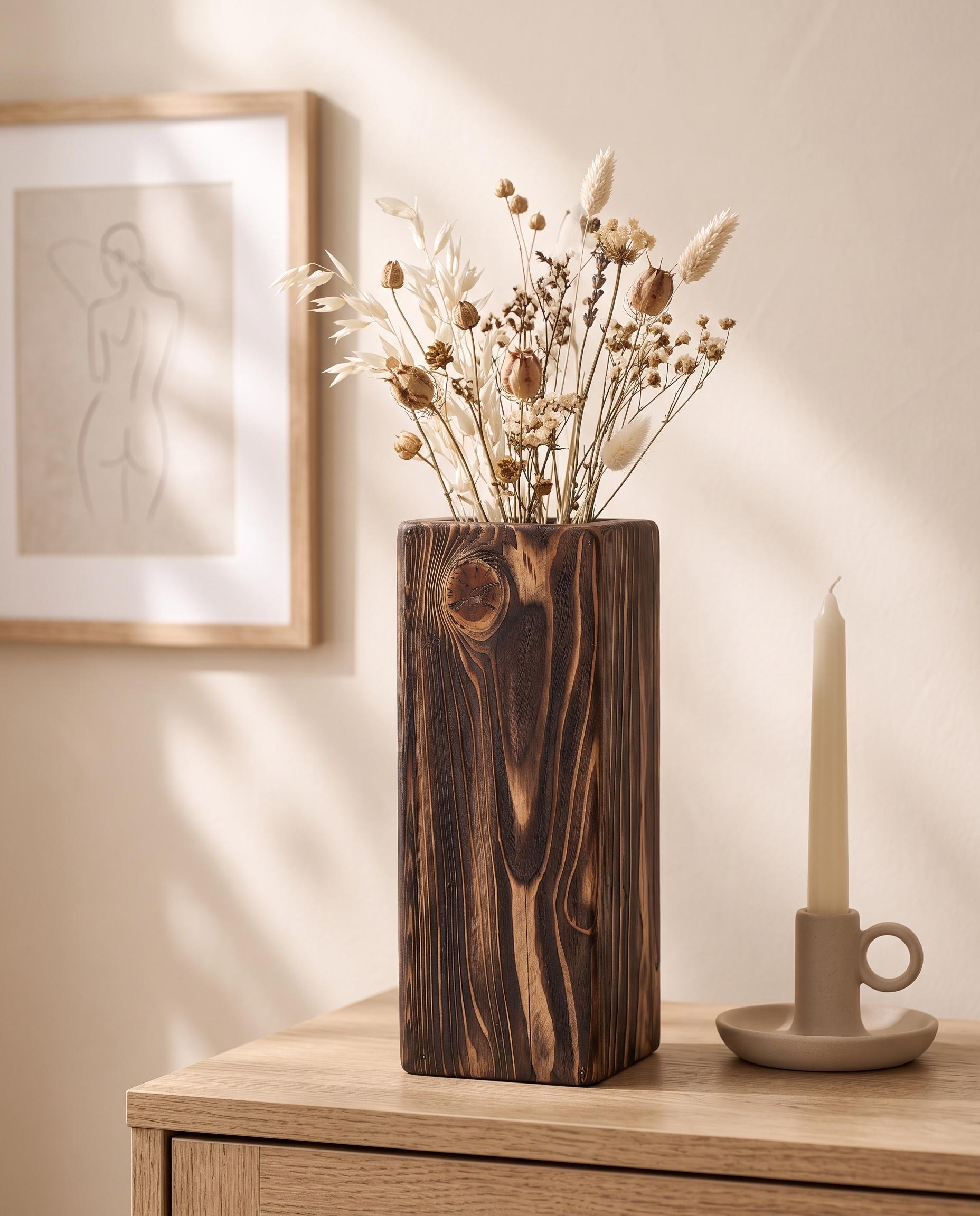 Handmade Solid Wood Vase, Rustic Wooden Floor Vase, Tall Dried Flower Holder 10