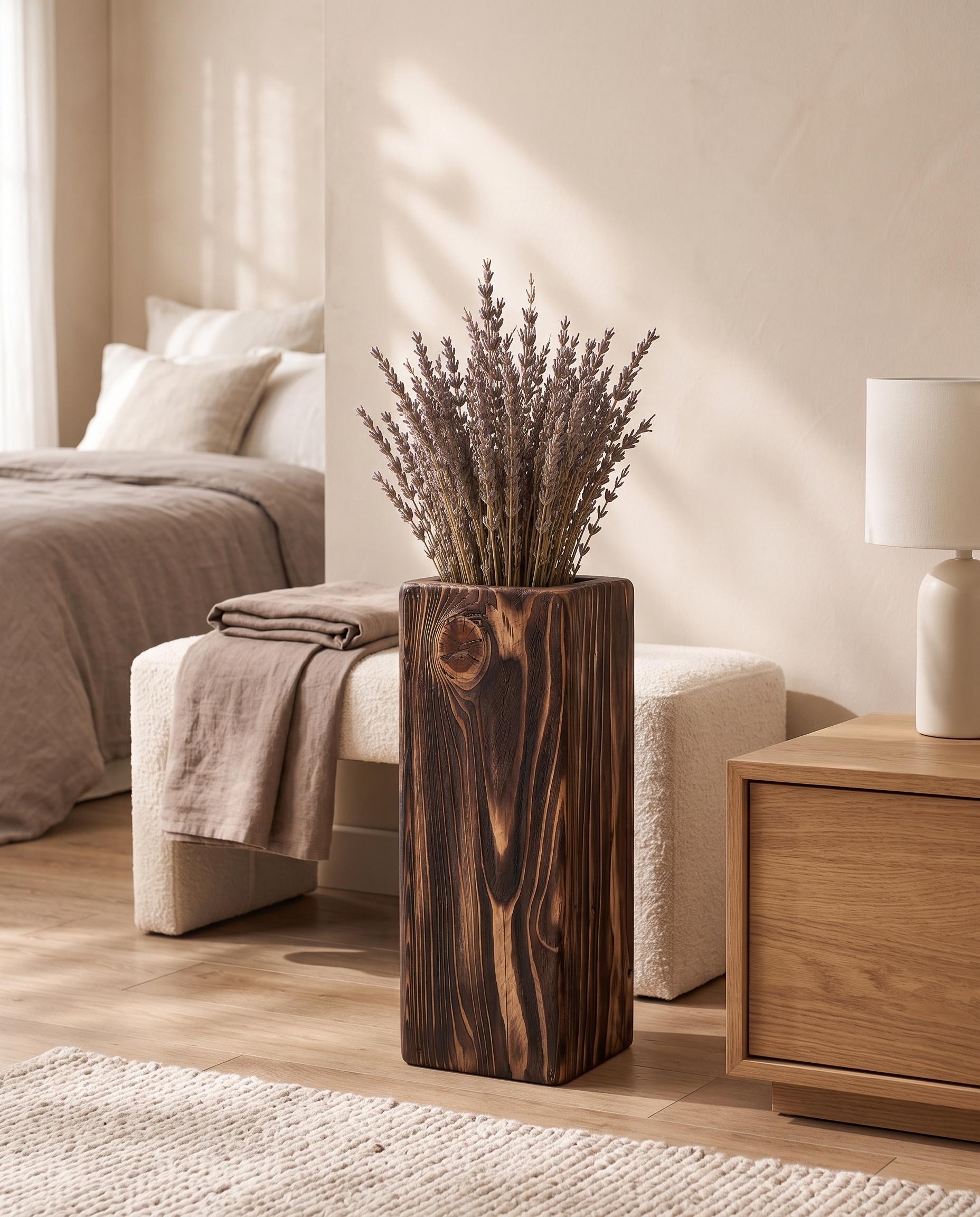 Handmade Solid Wood Vase, Rustic Wooden Floor Vase, Tall Dried Flower Holder