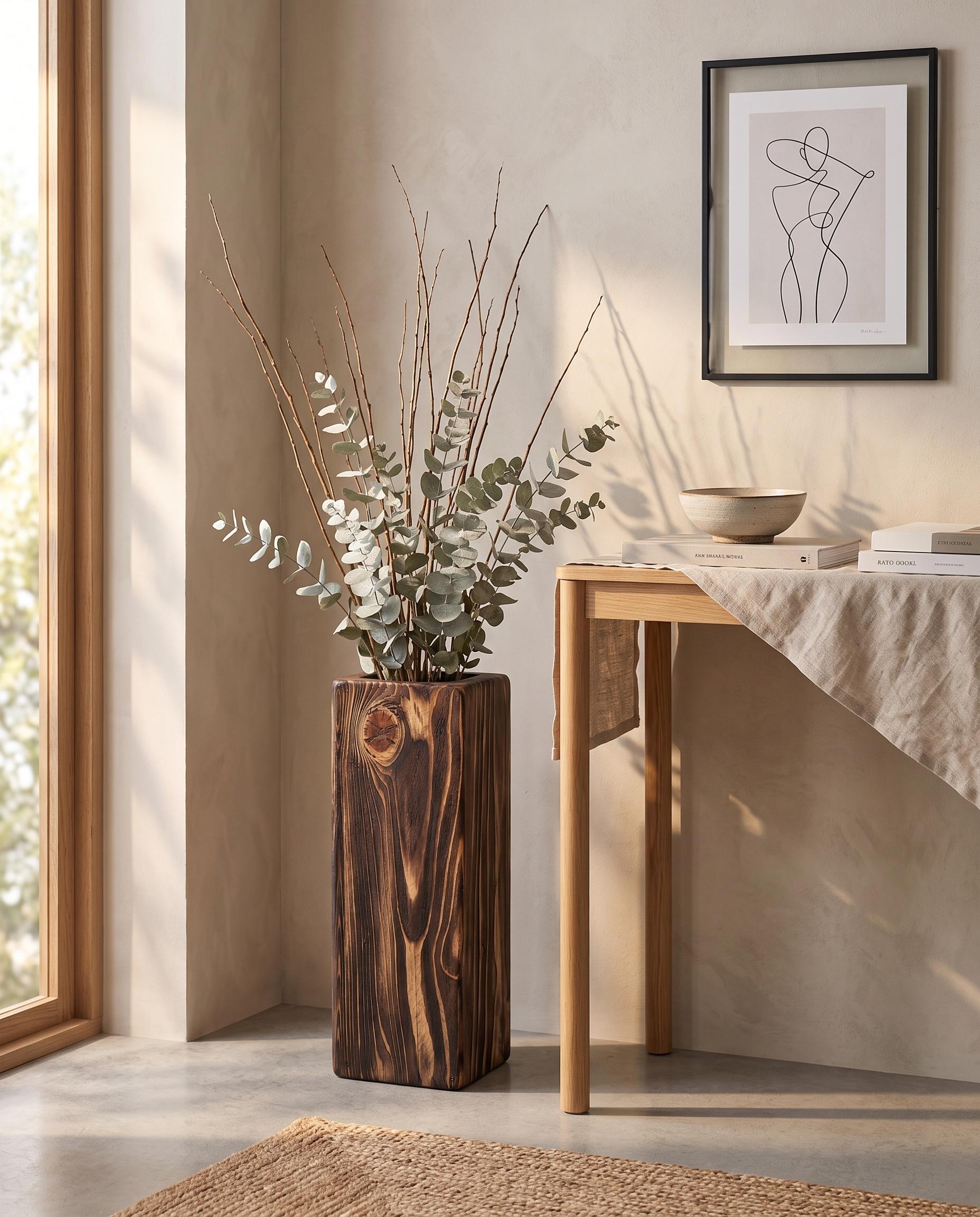 Handmade Solid Wood Vase, Rustic Wooden Floor Vase, Tall Dried Flower Holder