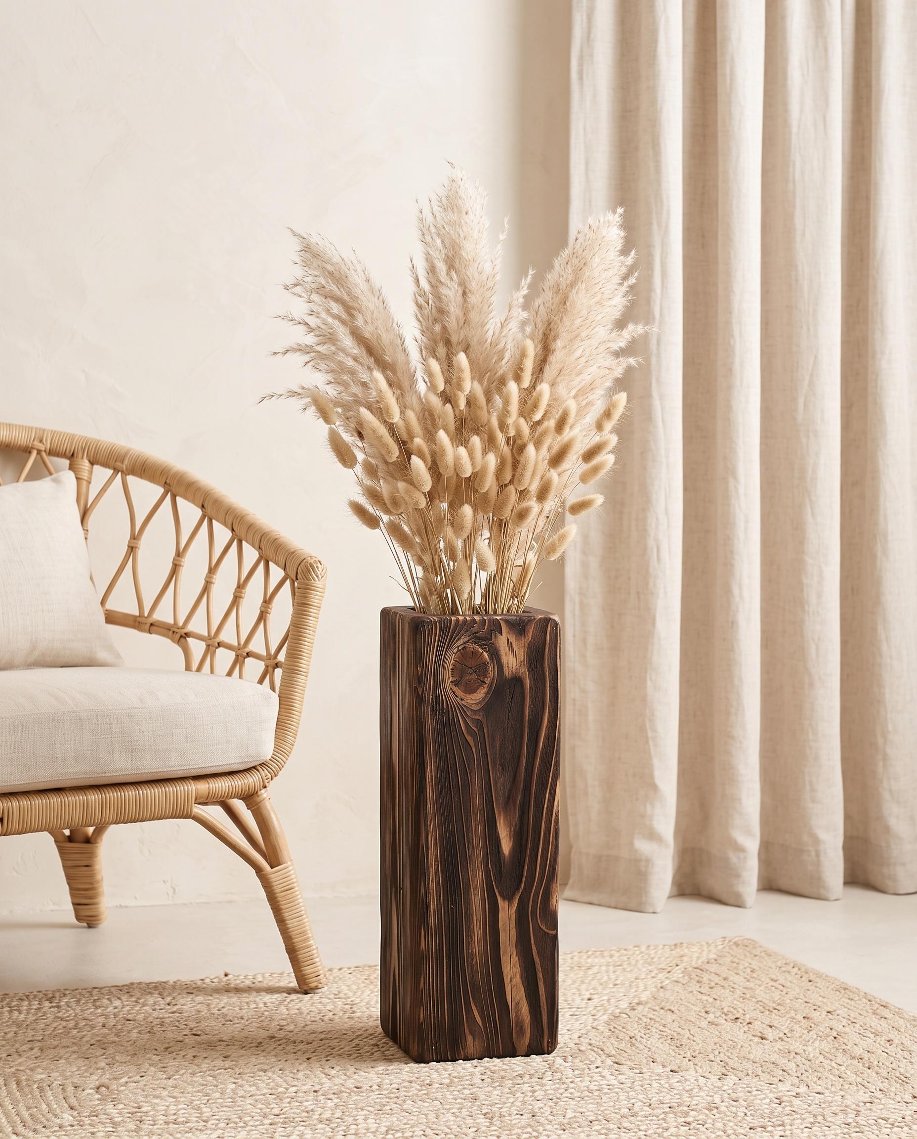 Handmade Solid Wood Vase, Rustic Wooden Floor Vase, Tall Dried Flower Holder 4