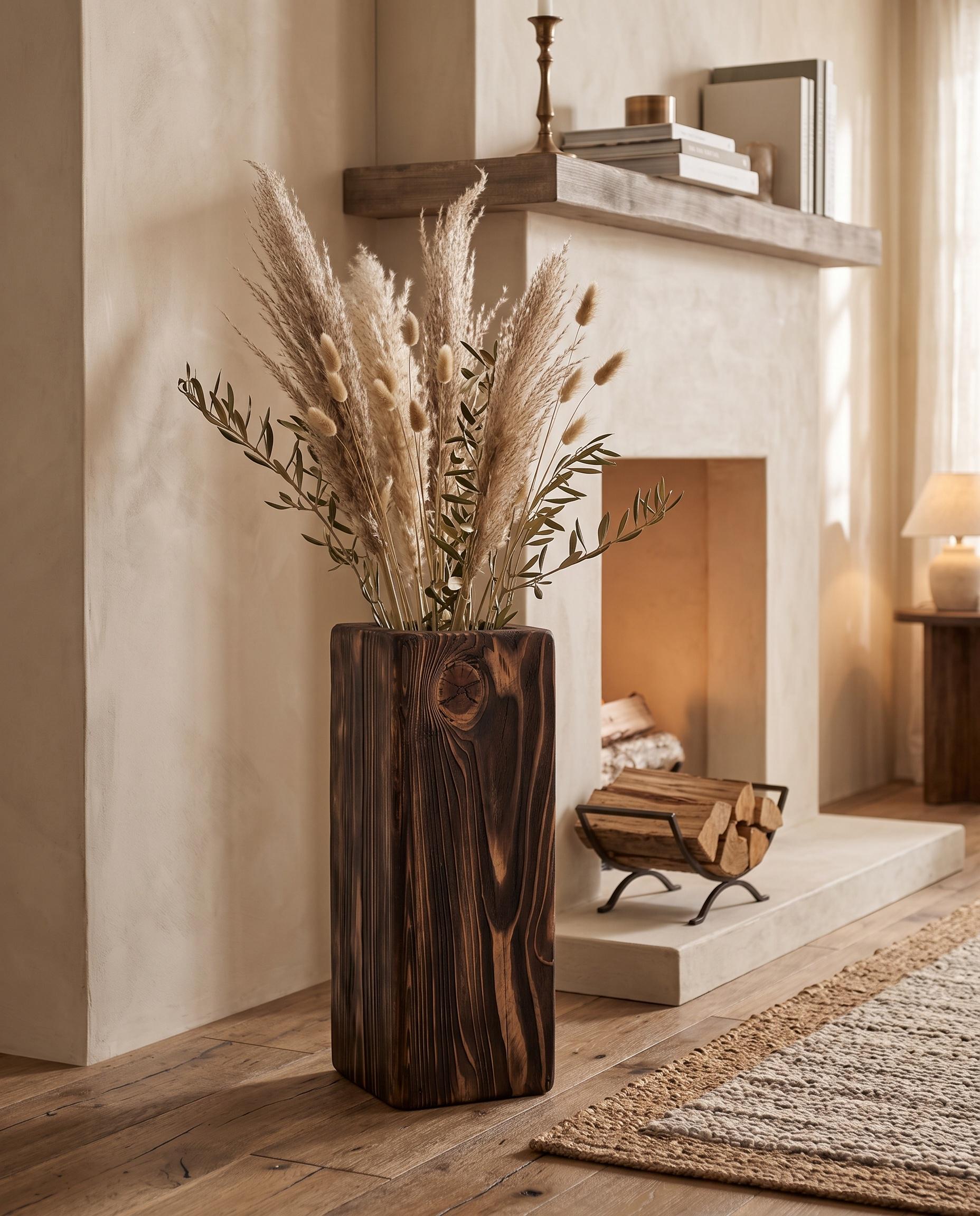 Handmade Solid Wood Vase, Rustic Wooden Floor Vase, Tall Dried Flower Holder 5