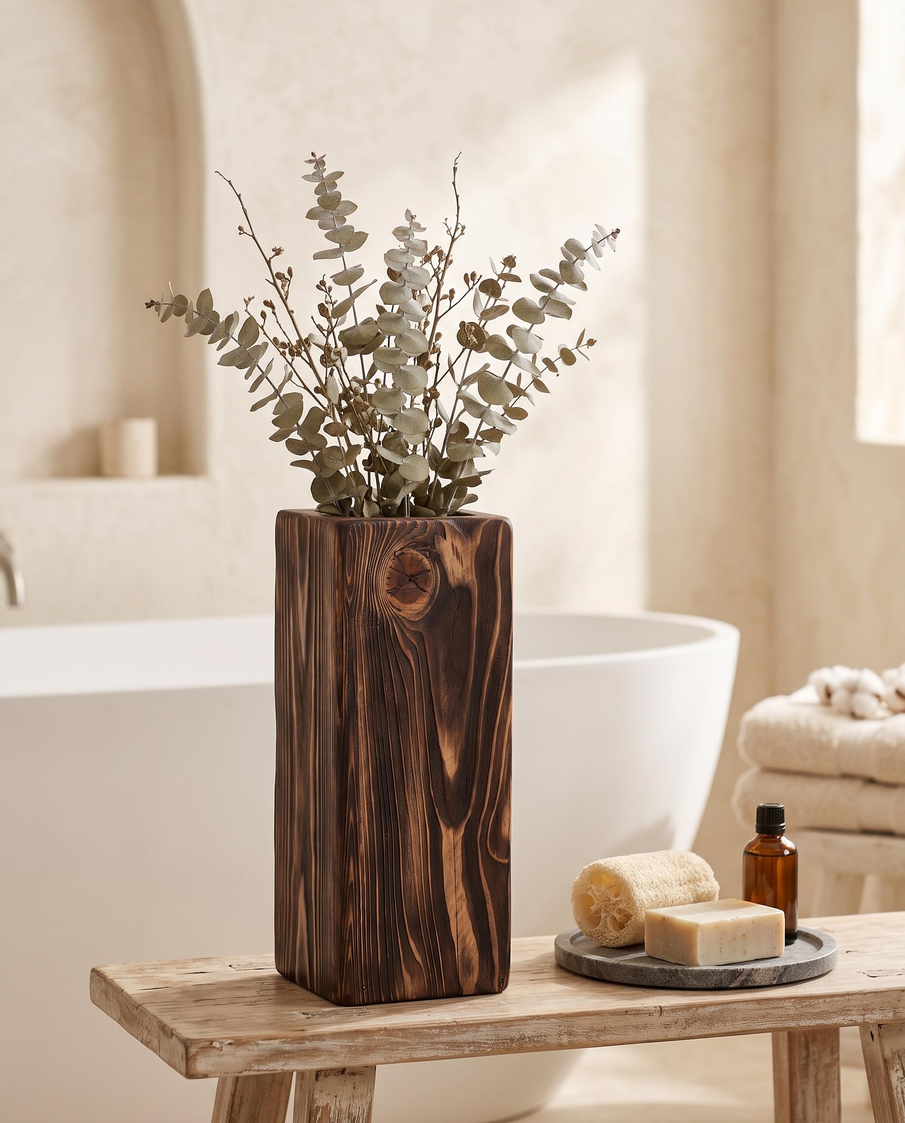 Handmade Solid Wood Vase, Rustic Wooden Floor Vase, Tall Dried Flower Holder 6