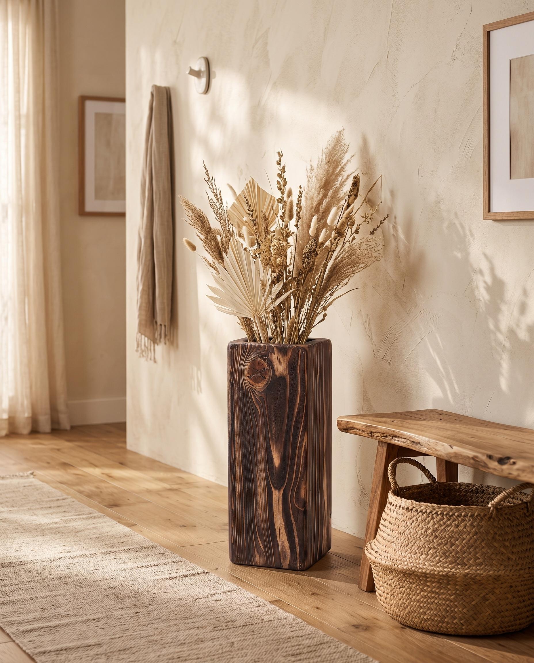 Handmade Solid Wood Vase, Rustic Wooden Floor Vase, Tall Dried Flower Holder 7