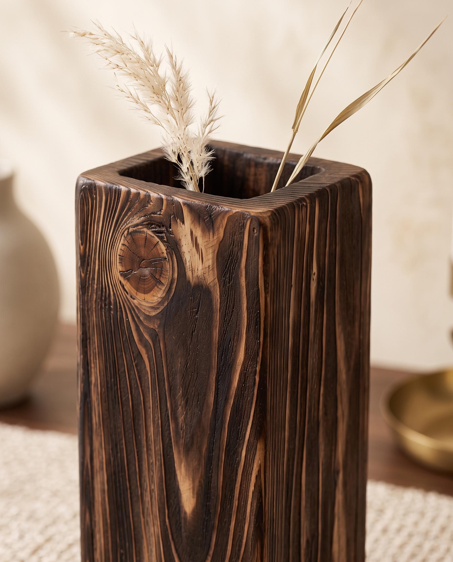 Handmade Solid Wood Vase, Rustic Wooden Floor Vase, Tall Dried Flower Holder 8