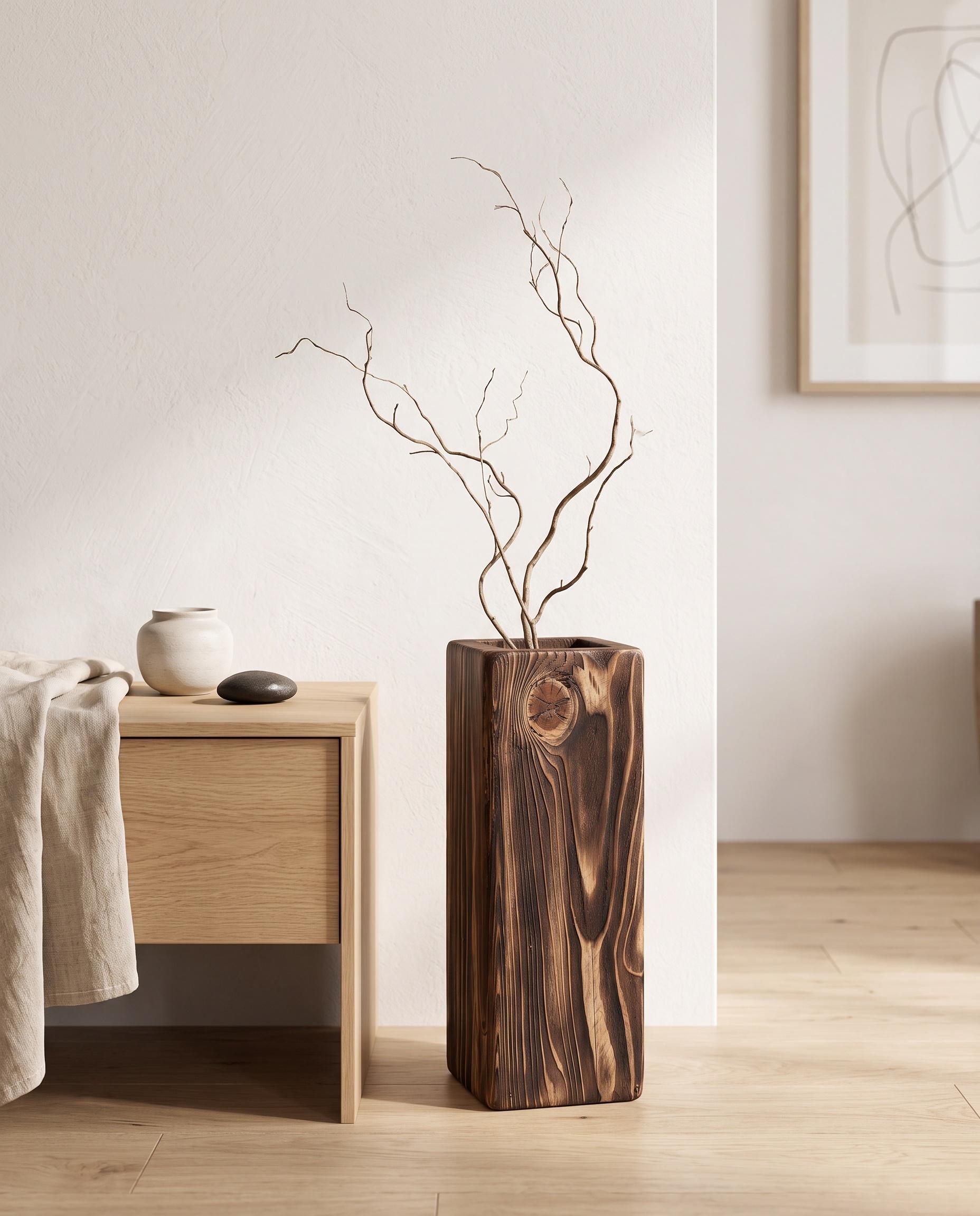 Handmade Solid Wood Vase, Rustic Wooden Floor Vase, Tall Dried Flower Holder 9
